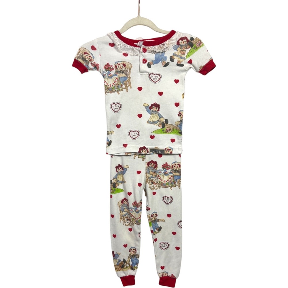 Vintage Kids Raggedy Ann Andy Pajama Set White Red Hearts Classic size 3t